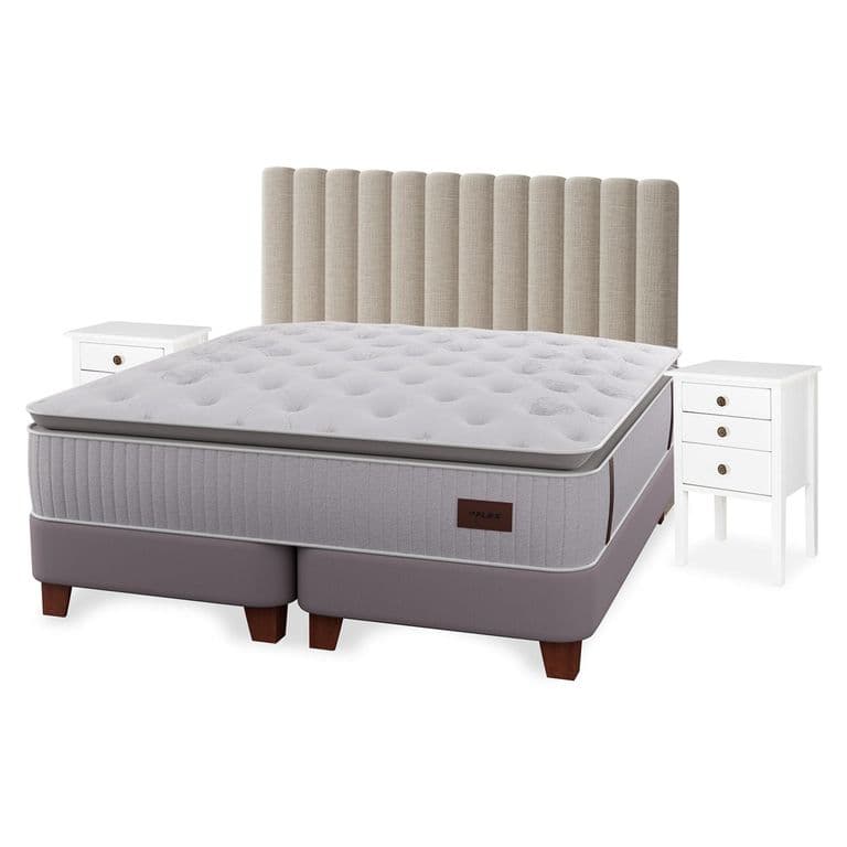 Cama Europea Heritage 2 Plazas x 2.00mt Base Dividida + Respaldo + 2 Veladores Tubular