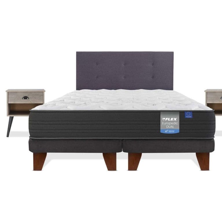 Cama Europea Europedic Dual 2 Plazas x 2.00mt Base Dividida + Respaldo + 2 Veladores Royal Grafito