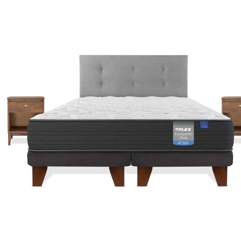 Cama Europea Europedic Dual King x 2.00mt Base Dividida + Respaldo + 2 Veladores Royal Gris