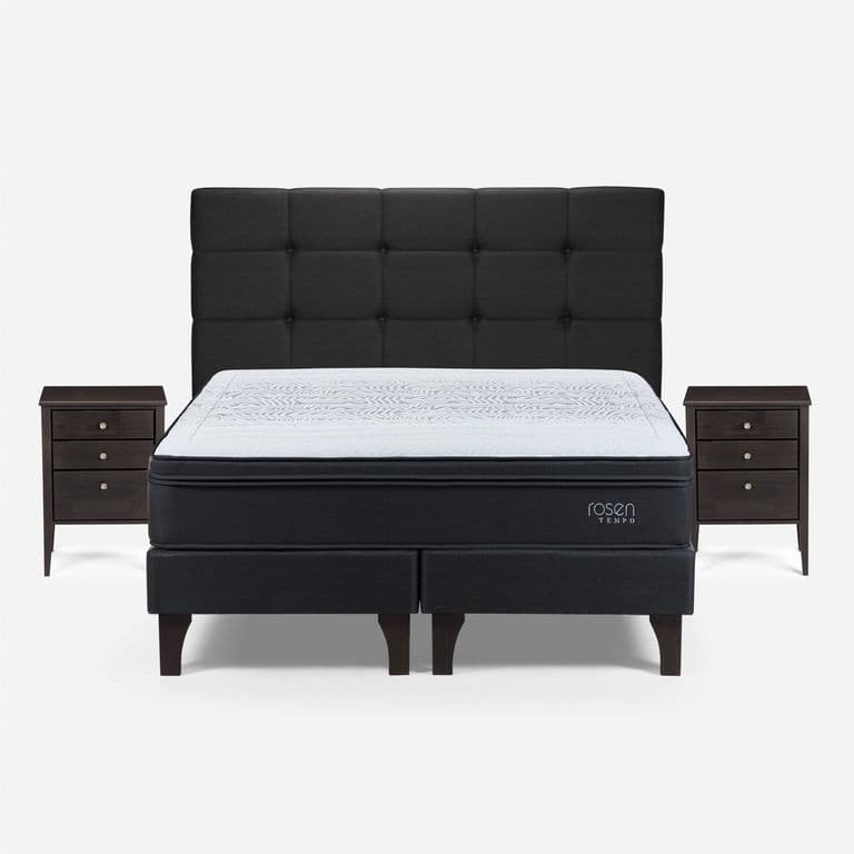 Cama Europea Tempo 2 Plazas x 2.00mt Base Dividida + Respaldo + 2 Veladores Issey Grafito