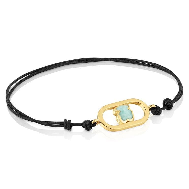 Pulsera de Nylon Negro con Bano de Oro 18 Kt Sobre Plata y Amazonita Camille