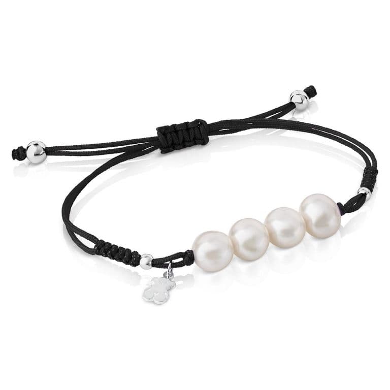 Pulsera De Cordon Negro, Plata Y Perlas Pearls
