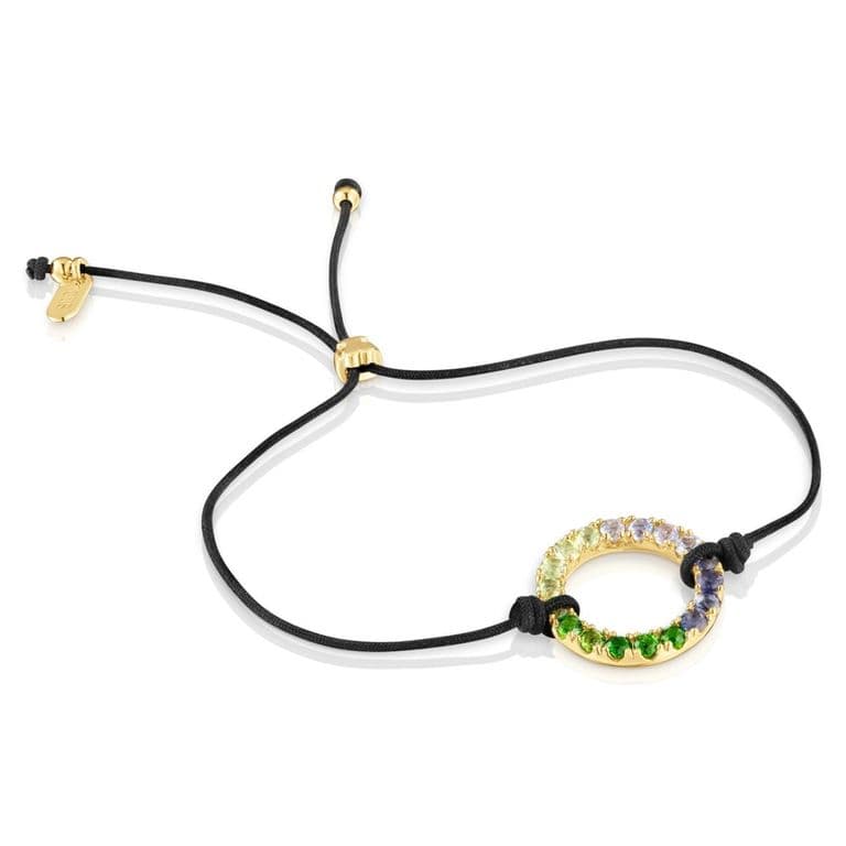 Pulsera Con Bano De Oro 18 Kt Sobre Plata, Gemas Y Nylon Negro Straight