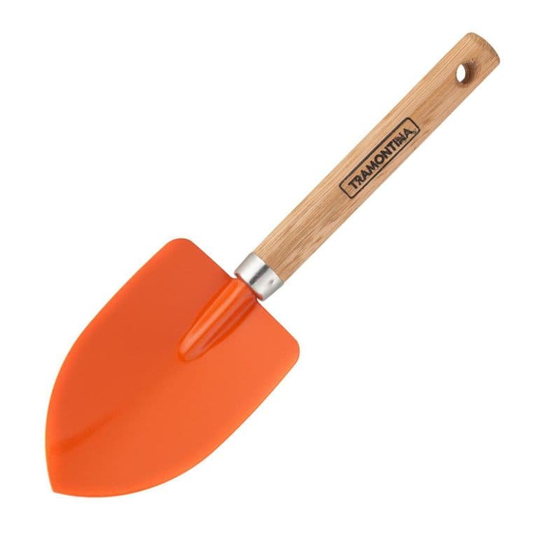 Palita ancha de acero naranjo con mango de madera