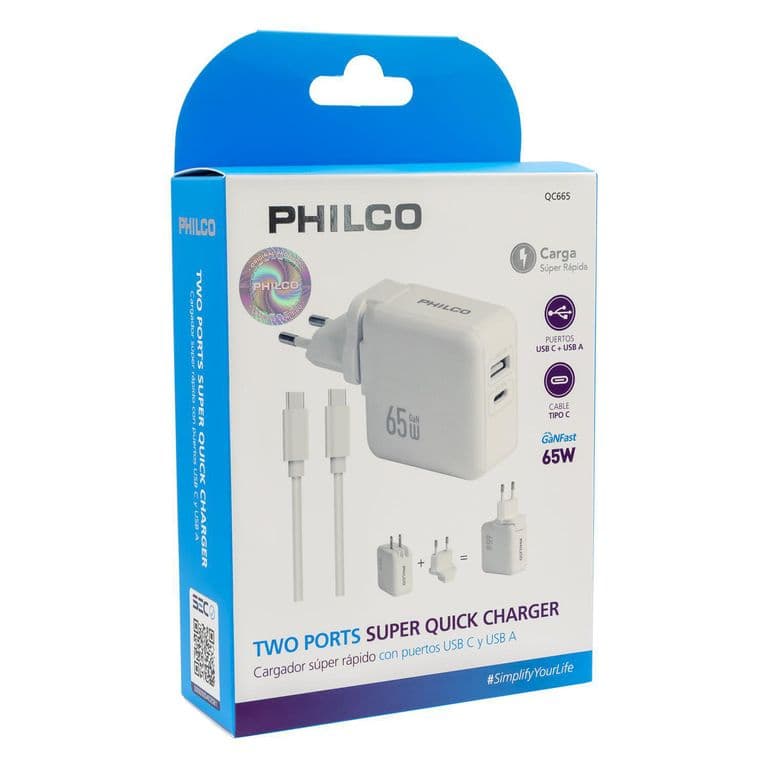 Cargador De Pared Super Rapido 65W Usb Tipo A Y C