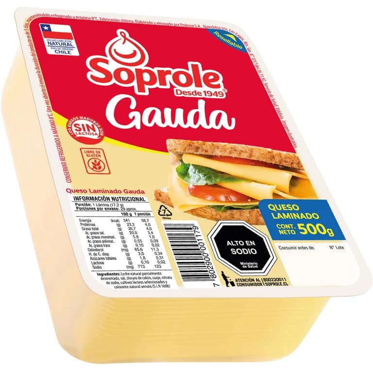 Queso Gauda Laminado Resellable Soprole 500 gr
