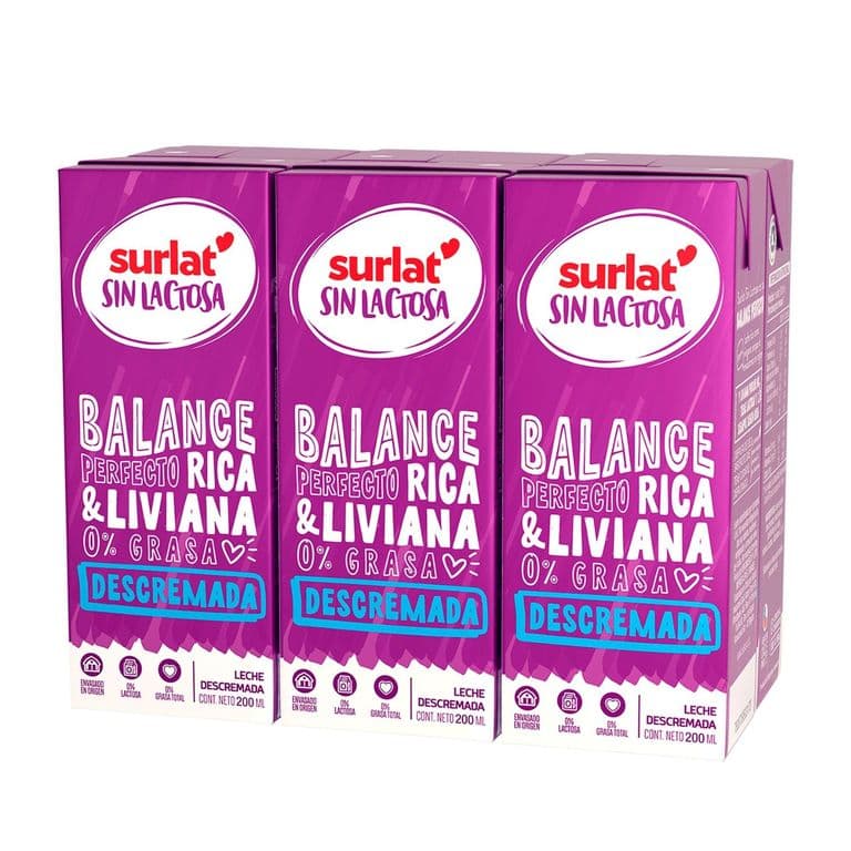 Pack Leche Descremada Sin Lactosa Surlat 6 x 200 ml PACK 6 X 200 ML