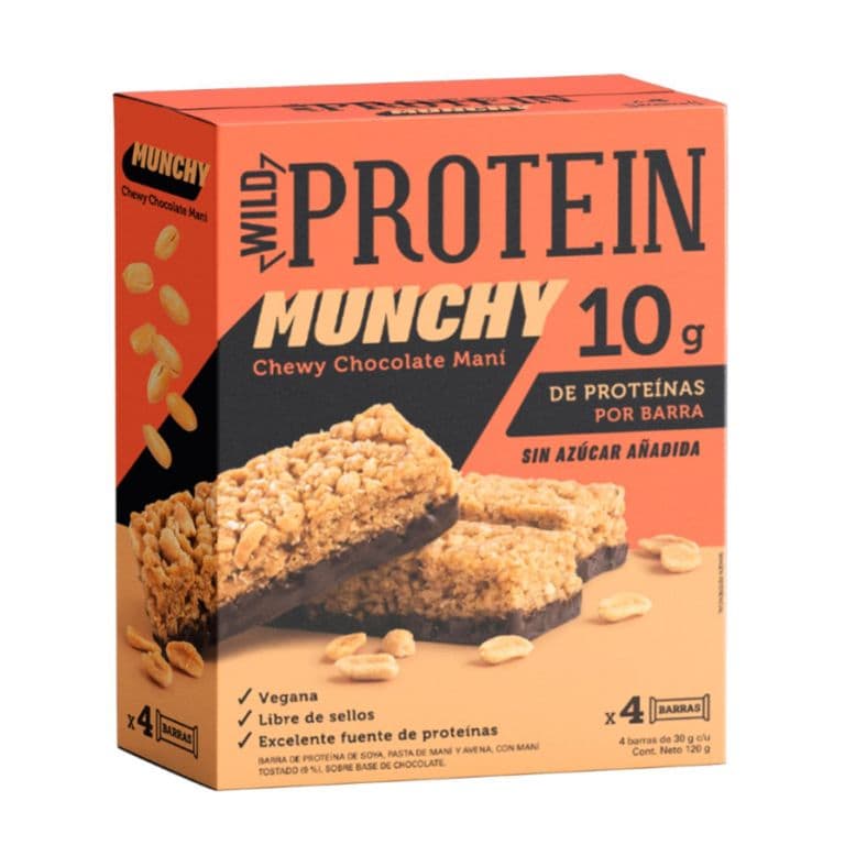 Barras de Proteinas Munchy Chocolate y Mani Wild Protein 4 Un 4 X 30 GR