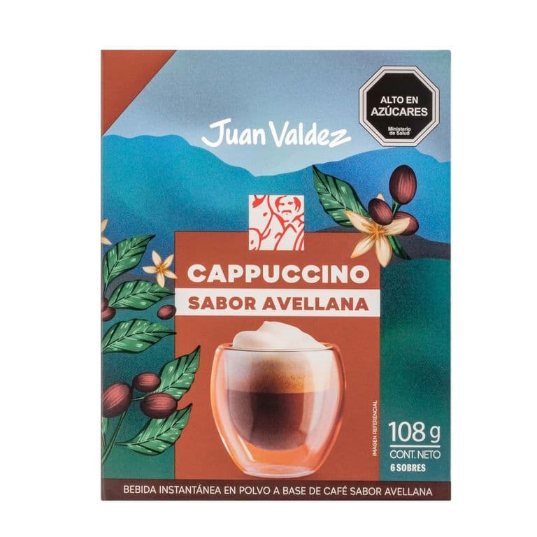 Cafe Instantaneo en Polvo Cappucino Avellana Juan Valdez 6 Sobres 108 GR