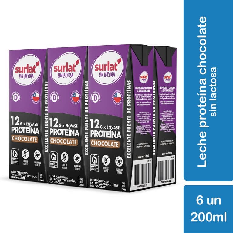 Pack Leche Descremada Protein Sin Lactosa Sabor Chocolate Surlat 6 x 200 ml PACK 6 X 200 ML