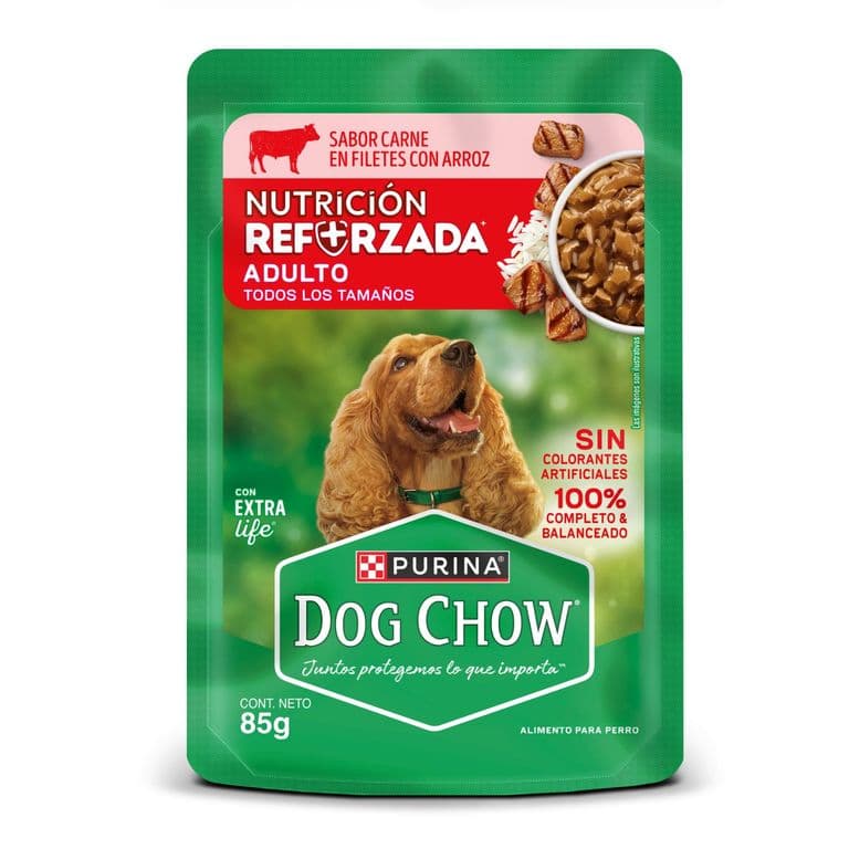 Pouch para Perros Adultos Nutricion Reforzada Sabor Carne Dog Chow 85 gr