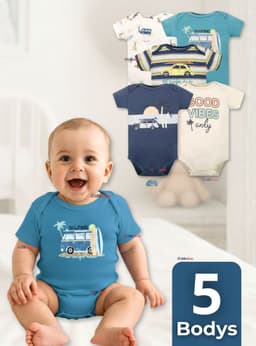 Pack 5 Bodys Nino Manga Corta Tedmimak 100% Algodon Baby on Board 3 A 6 Meses
