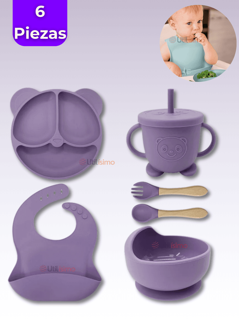 Set De Alimentacion Bebe Silicona De Oso 6 Piezas Libre BPA Lila