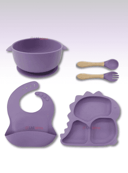 Set De Alimentacion Bebe Silicona 5 Piezas Dinosaurio Libre BPA Lila