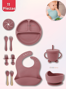 Set De Alimentacion Bebe Silicona Con Vaso 11 Piezas Libre BPA Rosa Oscuro