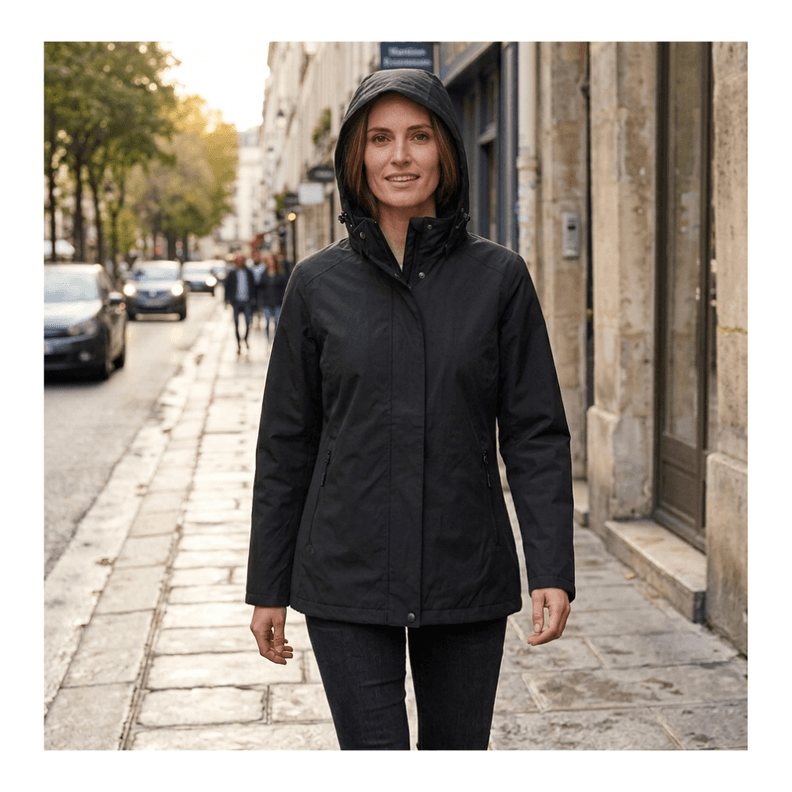 Chaqueta Cortaviento Mujer con Capucha Ajustable y Cuello Alto Negro M