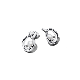 Aretes de Boton Ovalo con Forma Organica y Perlas Cultivadas de Agua Dulce Blanco