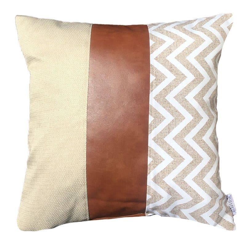 Funda Cojin Decorativo EcoCuero ZigZag Crema y Blanco 50x50 Beige