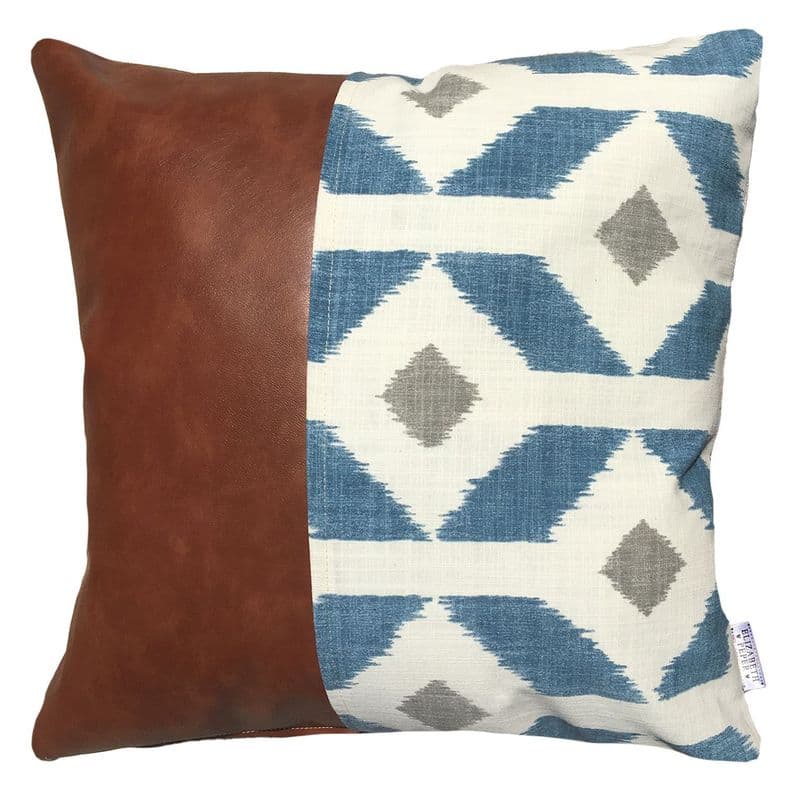 Cojin Decorativo EcoCuero Azul y Beige 45x45 Relleno