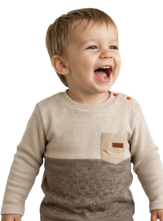 Polera Manga Larga Interior Frisado Bebe Nino con Bolsillo Beige 9