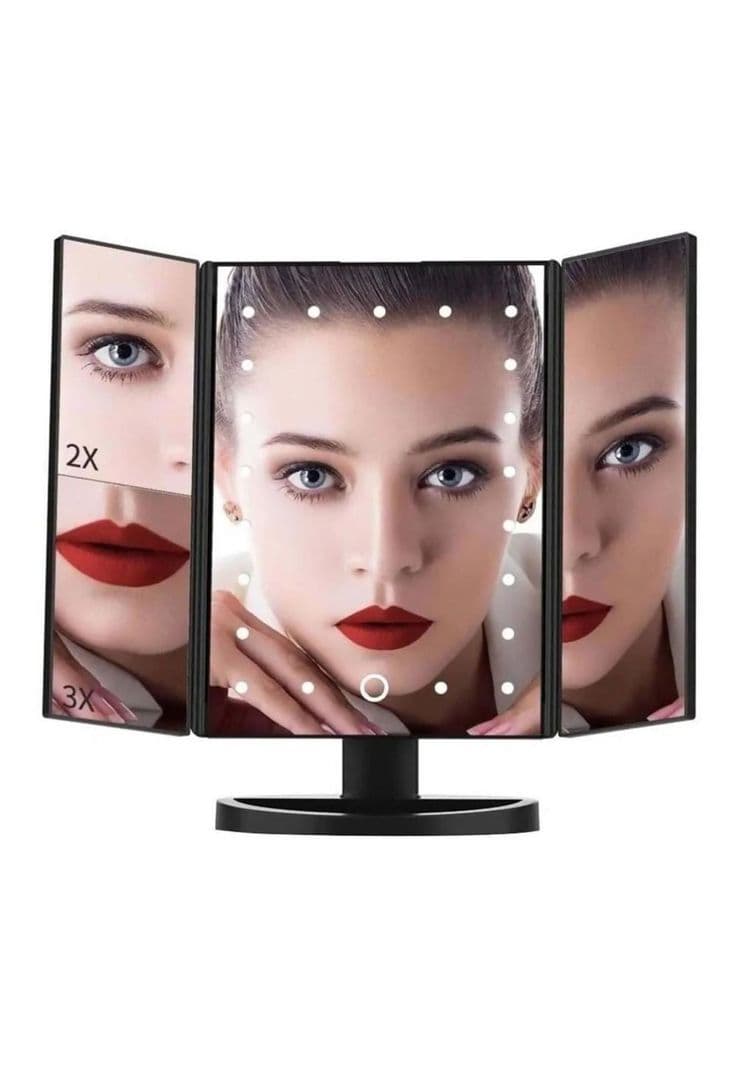 Espejo Portatil Maquillaje 3 Pliegue 24 Luz Led Tocador Usb Negro