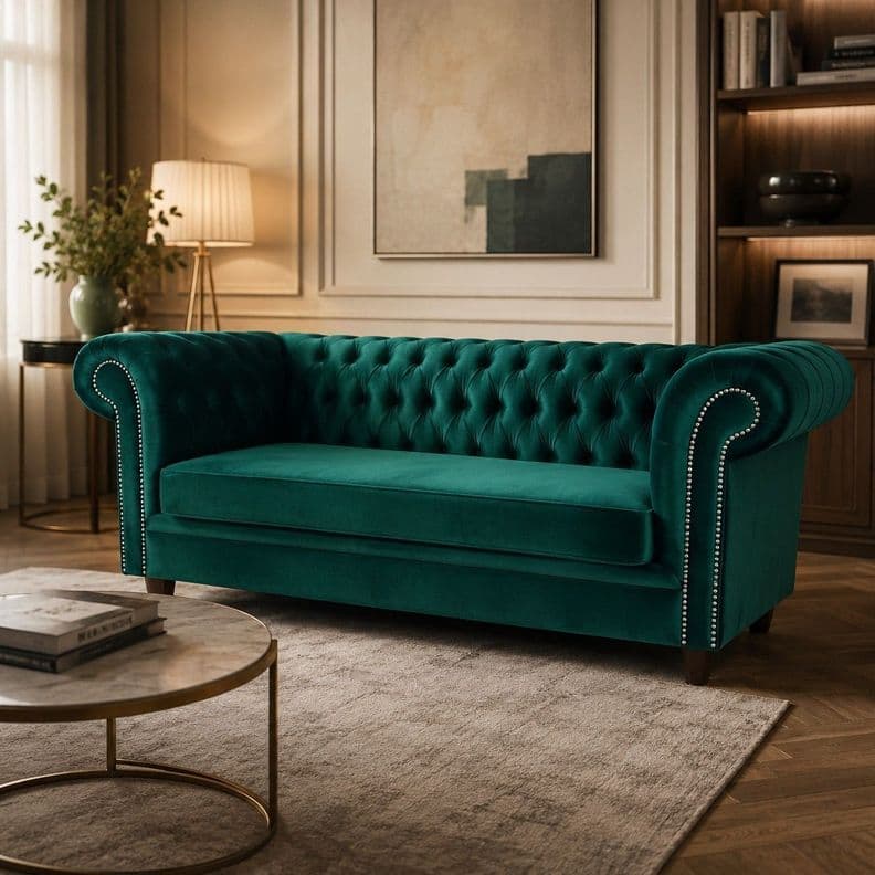 SOFA FELPA 3 CUERPOS CHESTERFIELD CAPITONE BRABANTE VERDE LARGE