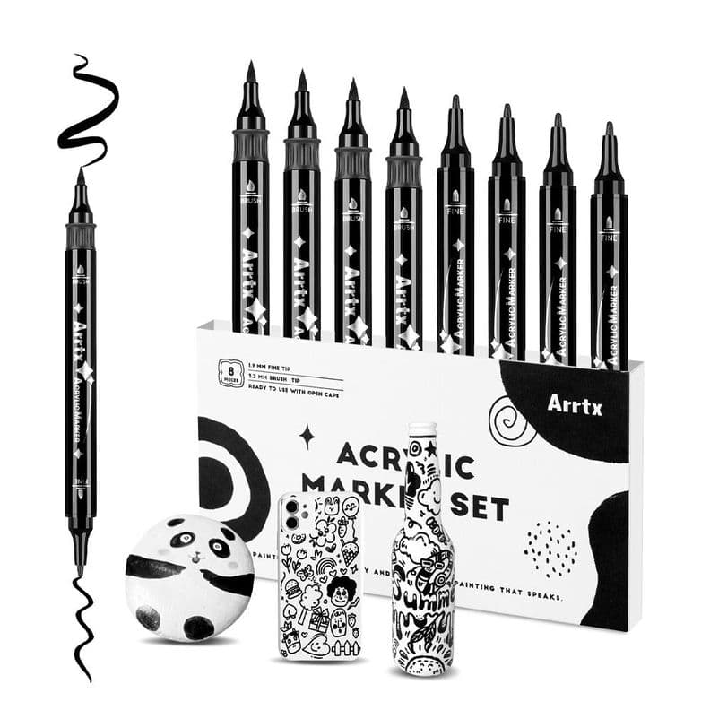 ARRTX 8 MARCADORES DE PINTURA ACRILICA DE DOBLE PUNTA NEGRO