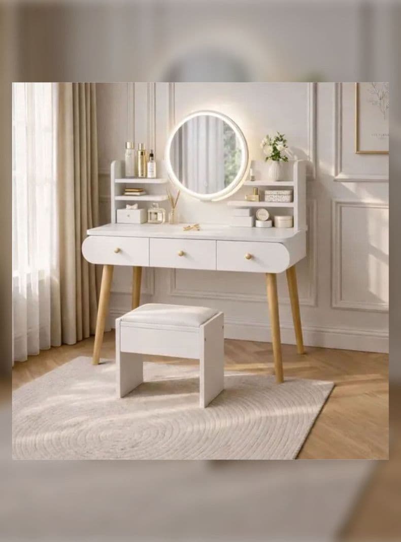 Tocador Madera Espejo Con Luz 100ancho*40*120cm Con Taburete Blanco