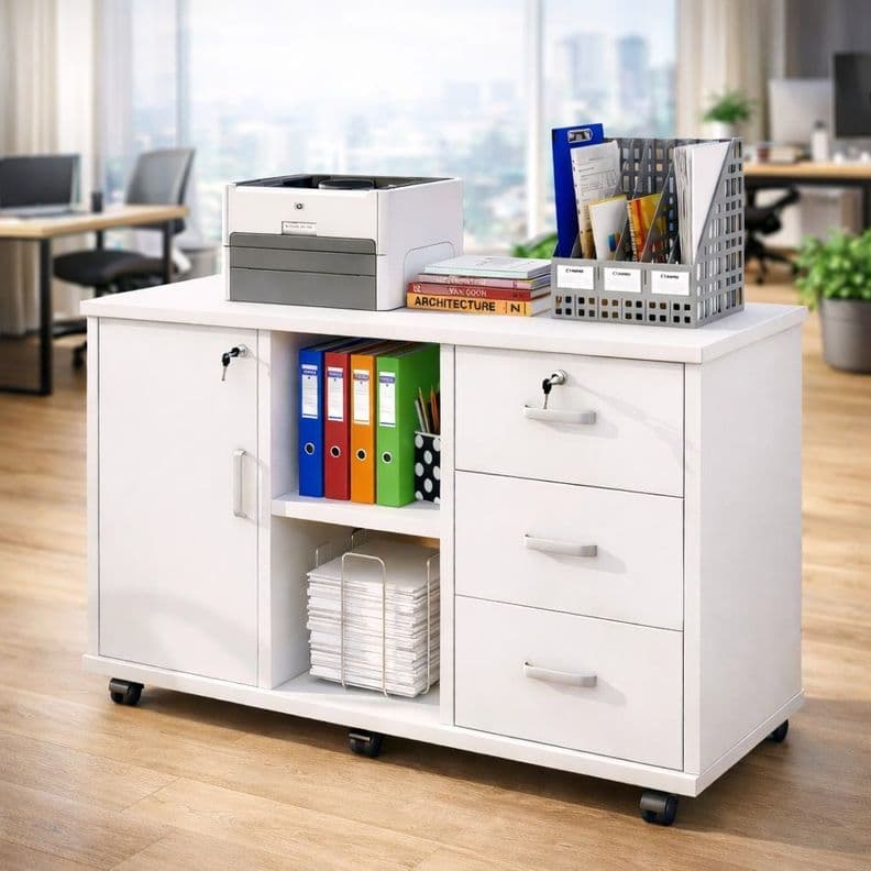 Mueble De Oficina Archivador Gabinete Con Llave Con Rueda Blanco