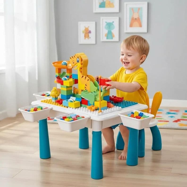 Mesa Didactica De Bloques Construccion c/silla 104 Pcs 6 en 1 Multicolor Blanco 43-30