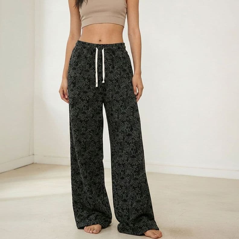 Pantalon de Buzo Algodon Flores Palazzo Termico Forrado En Chiporro Wide Leg Negro S
