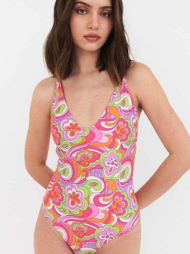 Traje de Bano Daikiri Mujer Espalda Rebajada Psicodelico Naranjo Fluor Filtro UV50+ L