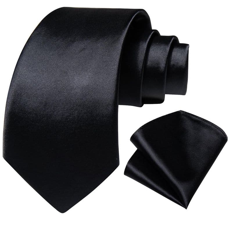 Corbata Negra Brillante hombre seda con pano y colleras Negro Italiano
