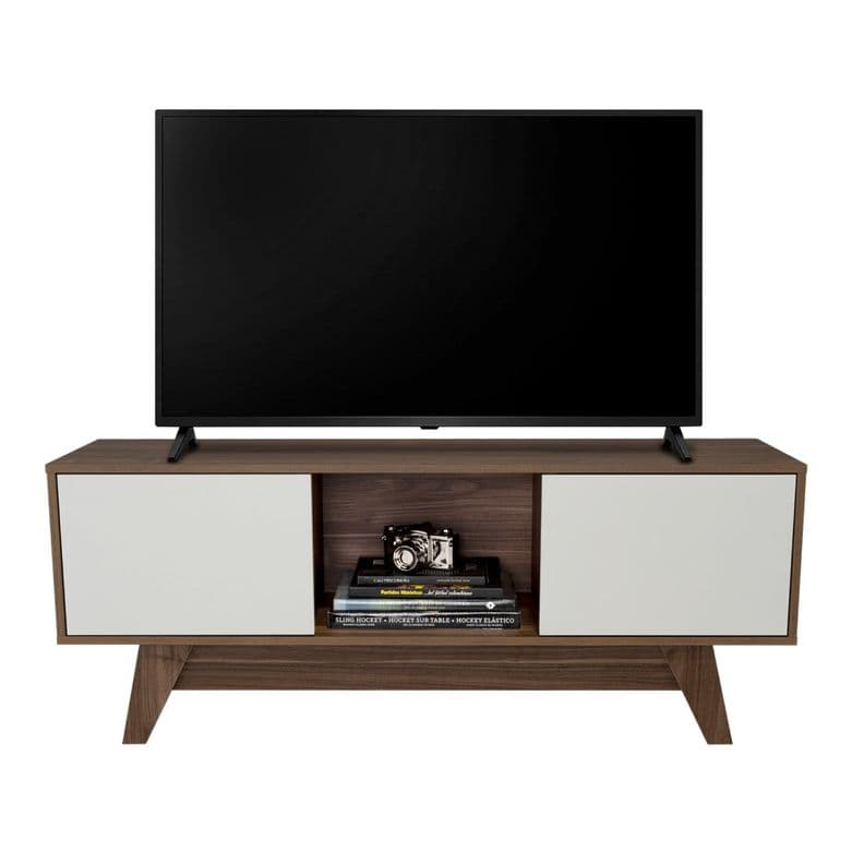 Rack Tv Con Capacidad Hasta 55" 2 Puertas 53,7X135X40 Cm Cafe Oscuro Y Blanco