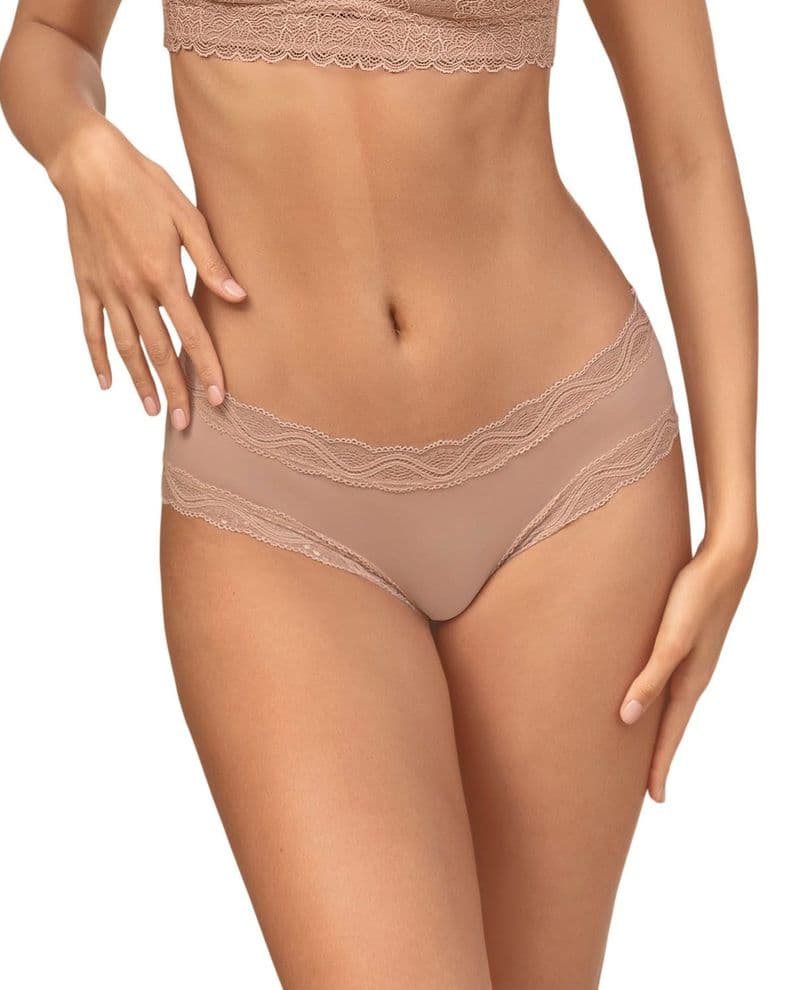 Calzon Hipster tiro medio en tela lisa y encaje 092044 Coral M