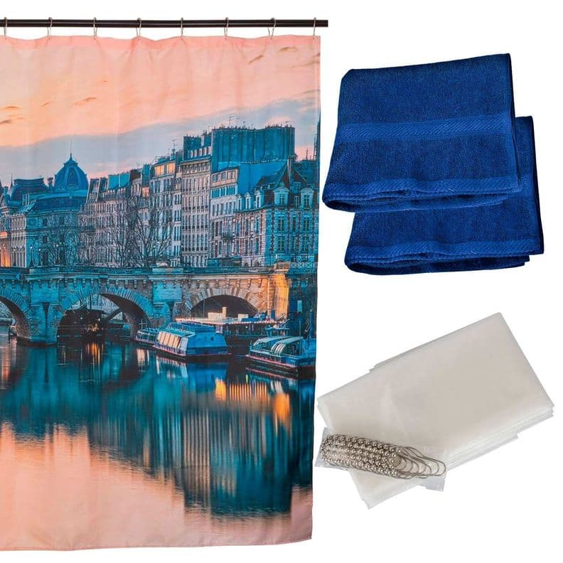 Set Cortina Bano Budapest y Jgo de Toallas Azul
