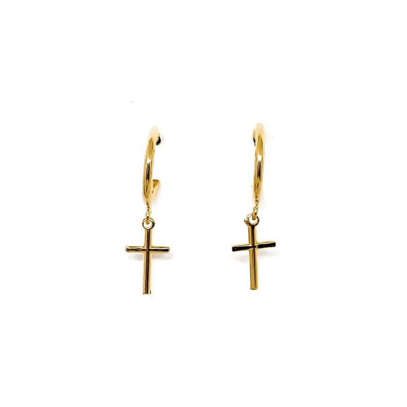 Aros Argollas 13mm Cruz Colgante Enchapado Oro 18K Dorado