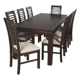 JUEGO DE COMEDOR LUCIANA RECTANGULAR 8 SILLAS MADERA COLOR CHOCOLATE TAPIZ BEIGE JASPEADO Cafe Oscuro