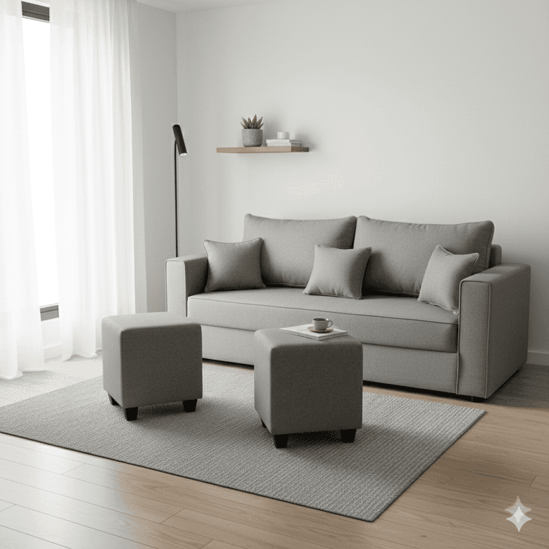 Living Aurelia 3 Cuerpos + 2 Pouf Tela Gris