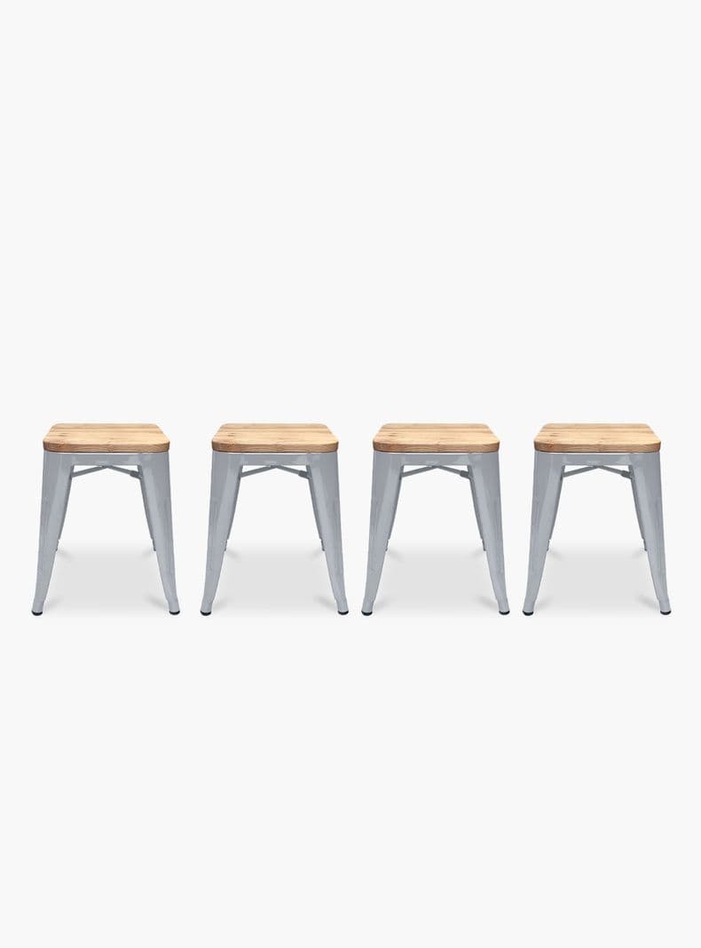 Pack 4 Pisos Tolix Asiento Madera Metal Plateado Metalico