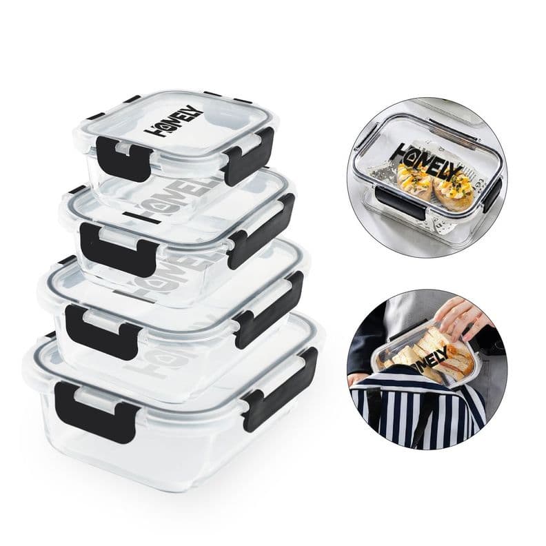 Tupper Hermetico Comida Homely Vidrio Templado Set x4 3.57 L Negro