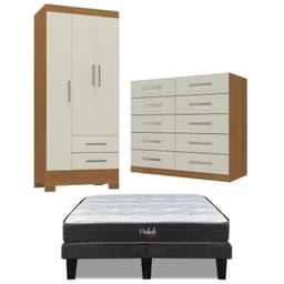 Combo Cama europea prelude 2 plazas + Closet 3 puertas + Comoda 10 Cajones Off White CEP20R3210 Negro 190 CM
