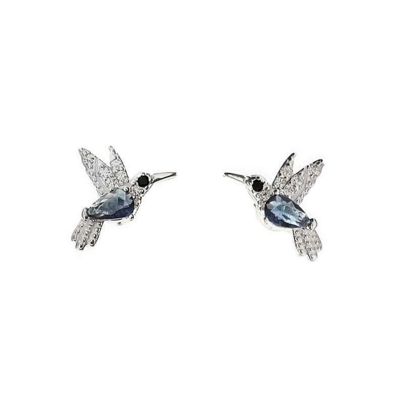 Aros Colibri Circon Azul Plata Fina 925