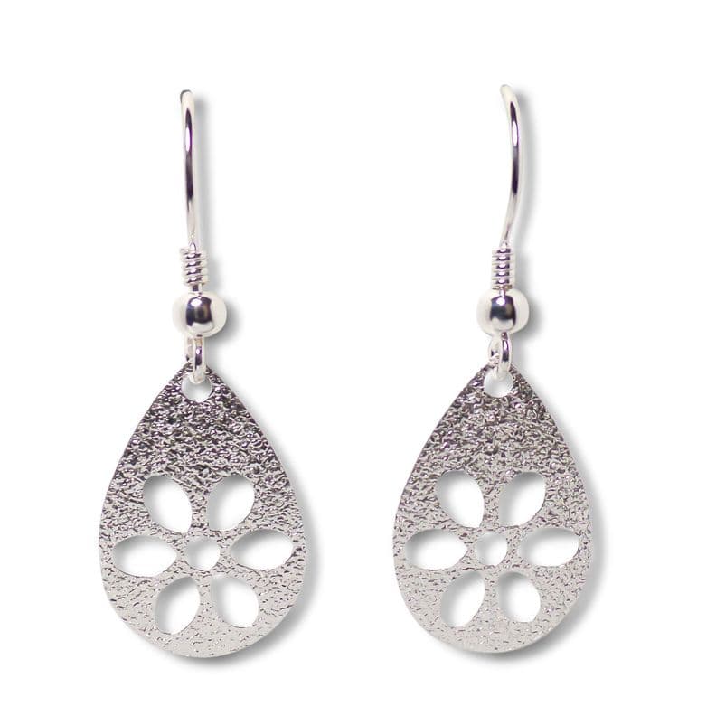 Aros Colgantes Gota Flor Calada Satinada Plata Fina 925