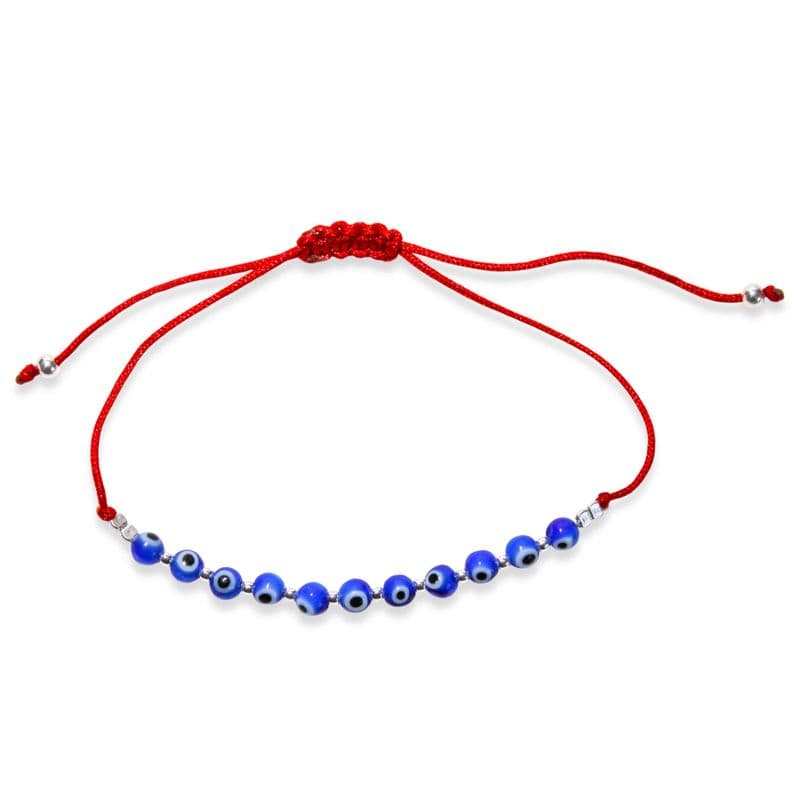 Pulsera Ojos Turcos Bolitas Cordon Rojo Plata Fina 925