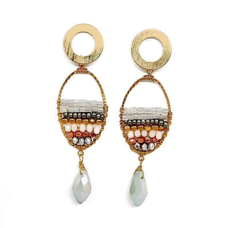 Aros Mostacilla Cristal Terroso Alambre Bronce Tope Enchapado Oro 18K Dorado