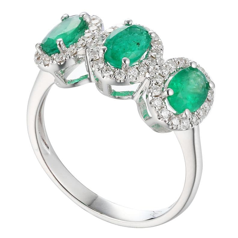 Anillo 3 Centros Esmeralda 1.42Ct Y Diamantes 0.33Ct Oro Blanco 18K