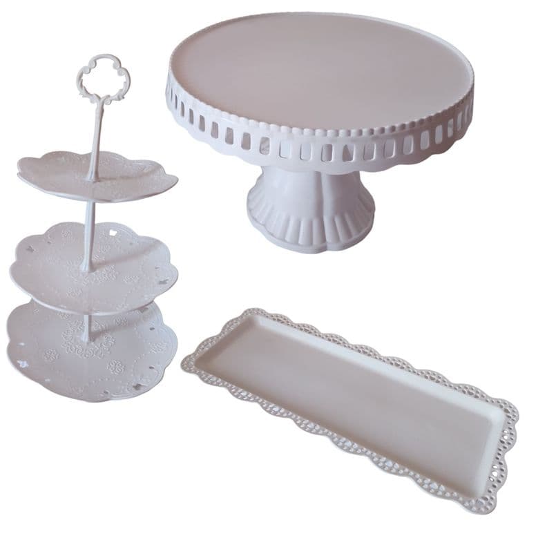 Set 3 Piezas Candy Bar (Porta Torta, Porta Cupcake, Bandeja) Blanco