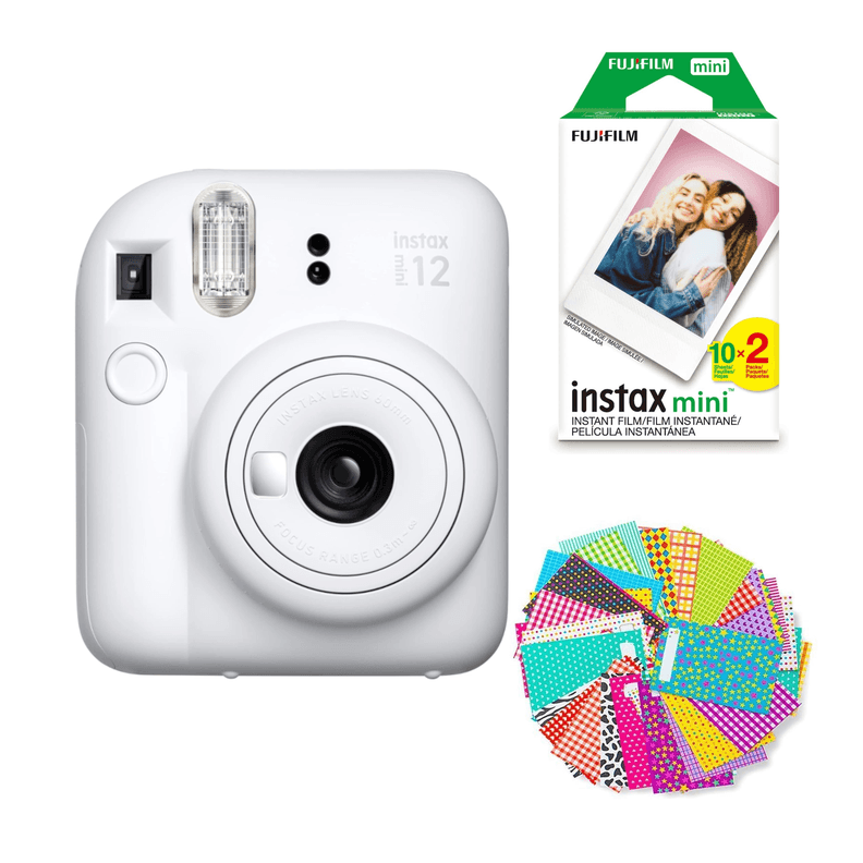 SET CAMARA FUJIFILM INSTAX MINI 12 + 20 FILM + MARCOS ADHESIVOS Blanco