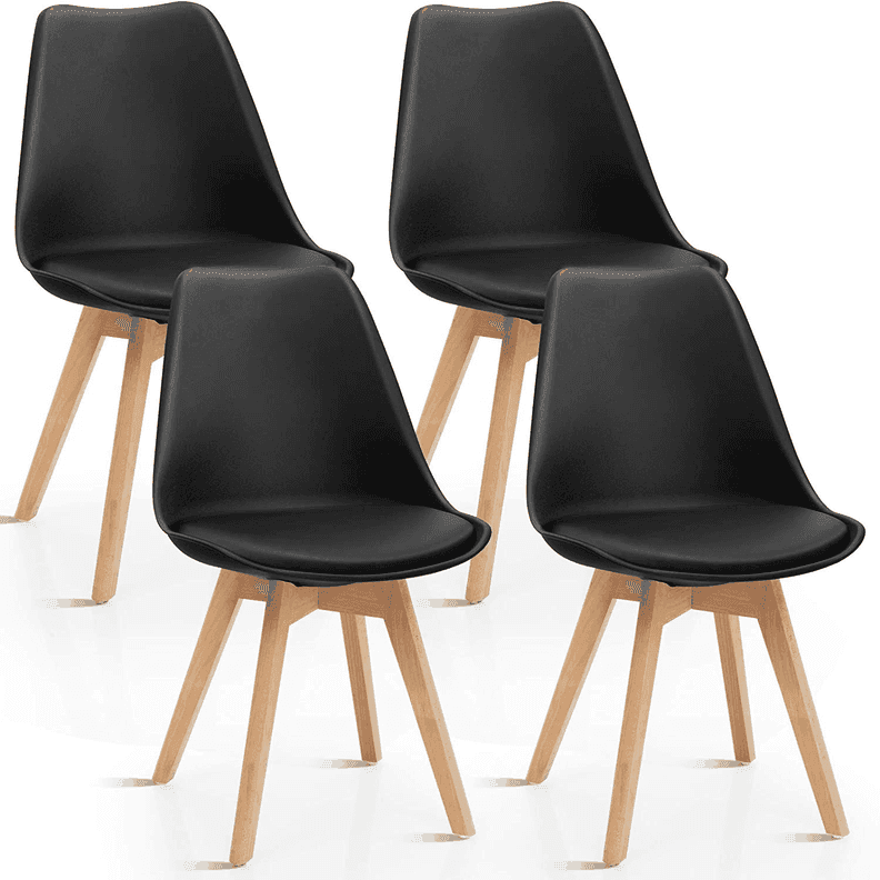 Pack 4 Sillas de Comedor Tulip Acolchadas con Patas de Madera Negro